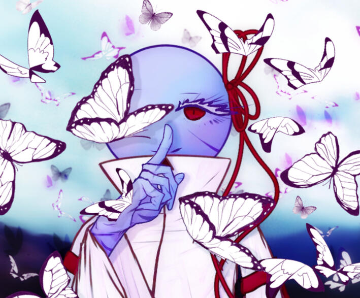 A drawing of a light purple stickman woman. She has red eyes, and is wearing a white jacket with red accents alongside a red bow on her head. She's making a shushing motion as a butterfly covers one of her eyes.